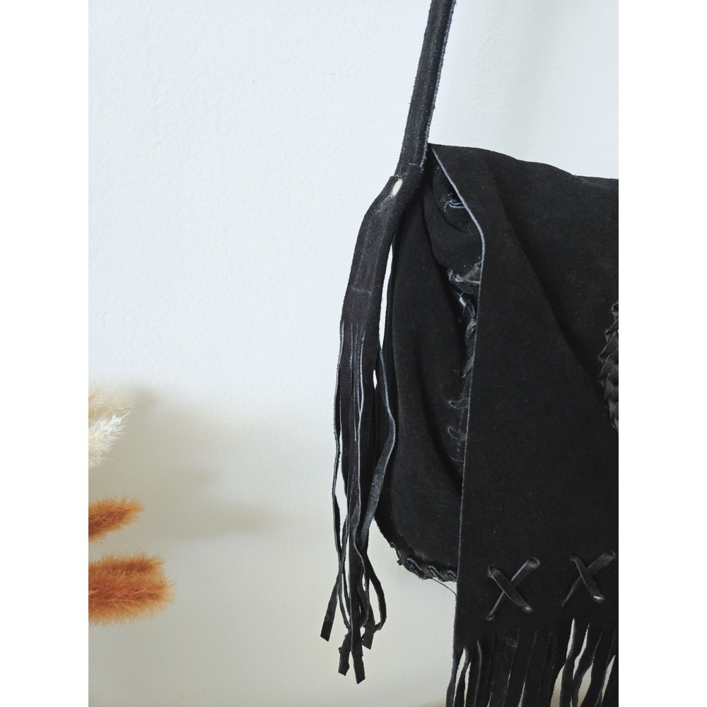 Dream Apparel Black Suede Leather Biker Bag Peace Sign Boho Crossbody Fringe - Picture 5 of 9